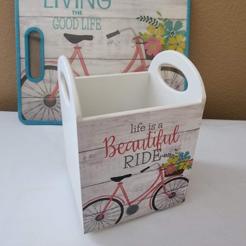 Bicycle Themed Cutting BOARD & Utensil Holder- Multicolor